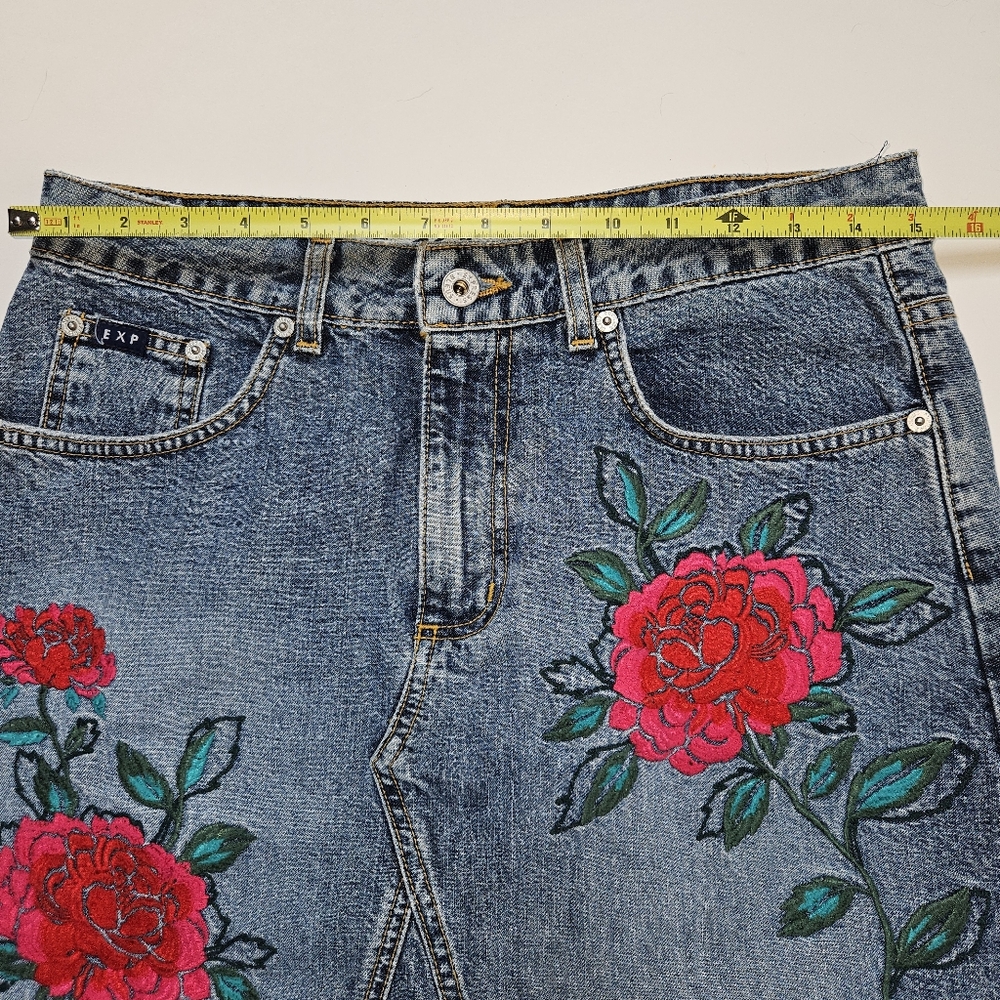 Embroidered Denim Skirt Floral Midi Boho - Picture 8 of 10